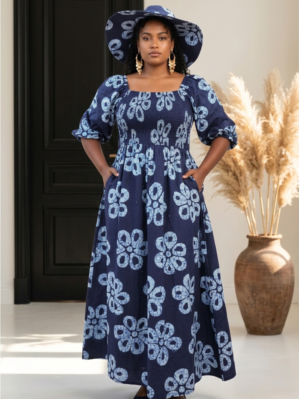 Square-Neck Navy Blue Floral Maxi Dress with Puff Sleeves, with hat & scarf